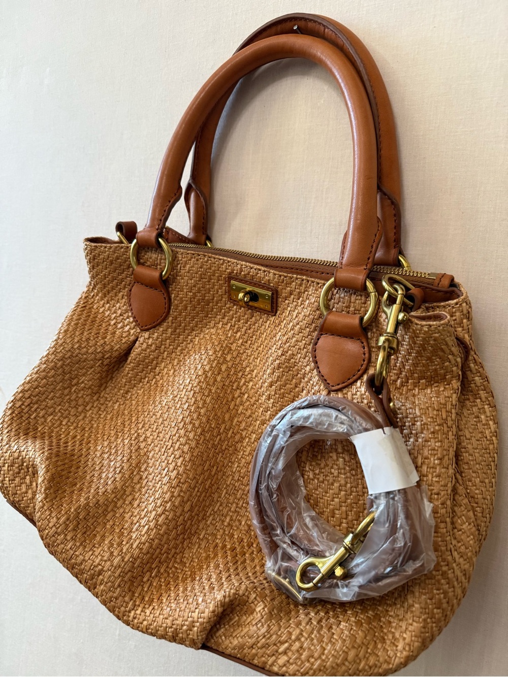 J.Crew Berkeley Straw Satchel Bag Leather Trim Turn Lock Crossbody Tan NWOT